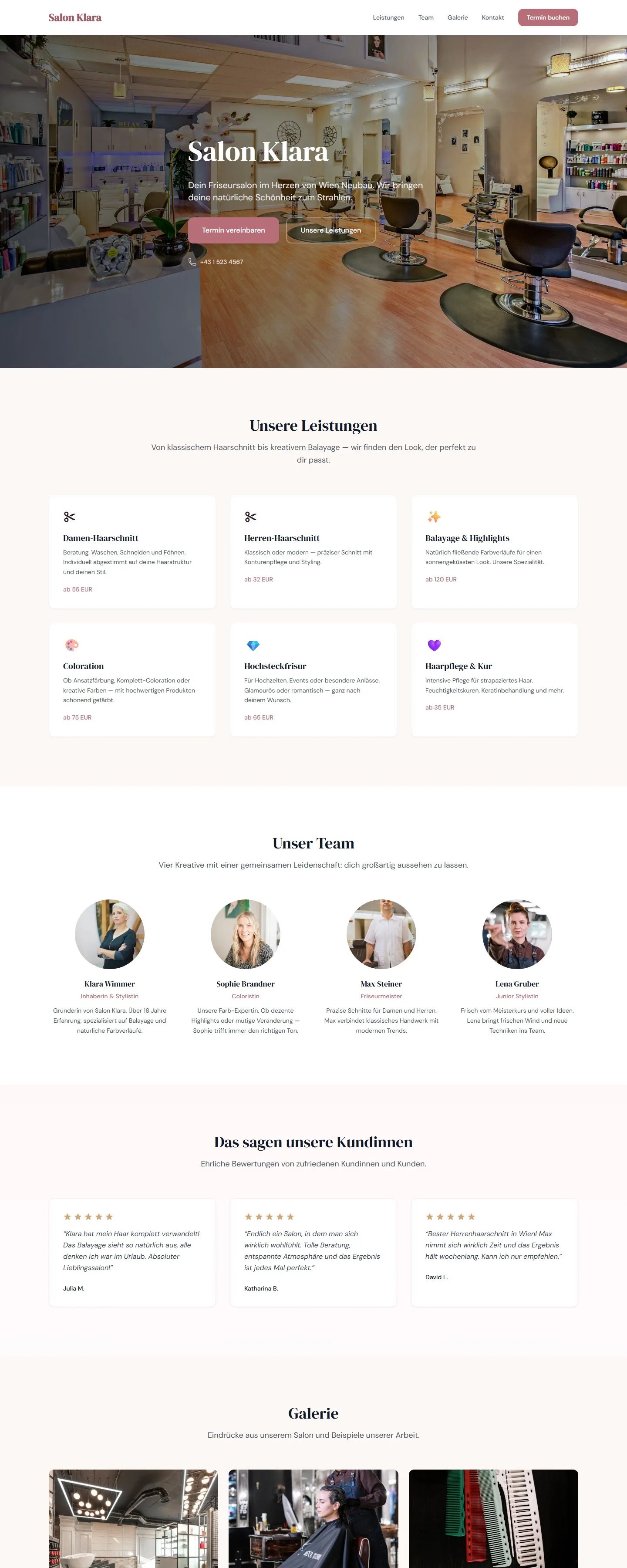 Website des Friseursalons Salon Klara, erstellt von Klaro